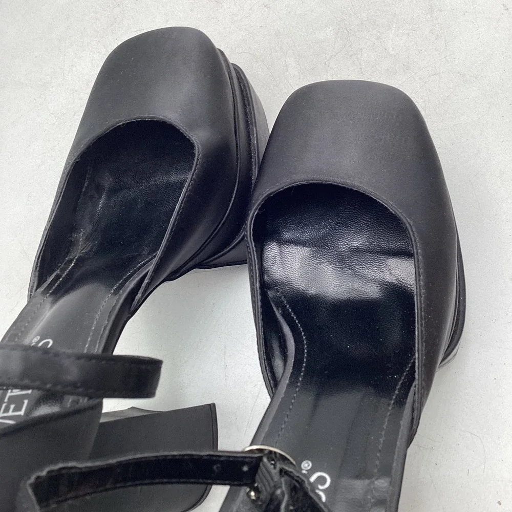 Wetkiss Black Satin Double Platform Block Heel Square Toe Ankle Strap Pumps 9.5